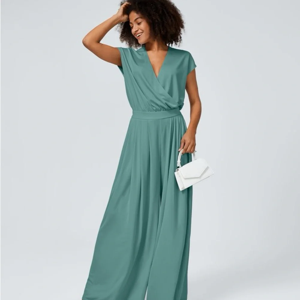 V Neck Short Sleeve Side Pocket Wide Leg Flowy Waffle Casual Jumpsuit Canton L - Picture 7 of 12